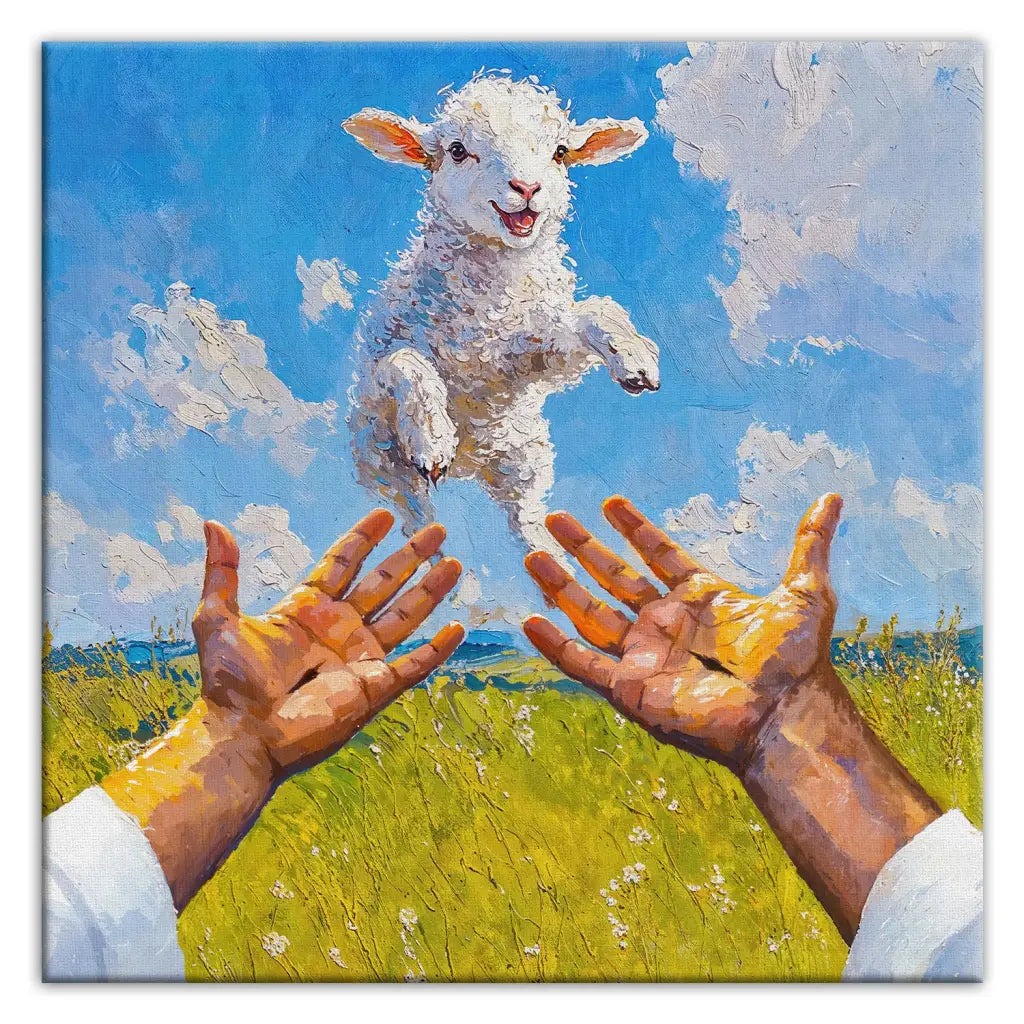 Inspiring square wall art of a lamb jumping into Jesus' arms, ideal for Christian-themed gifts.
