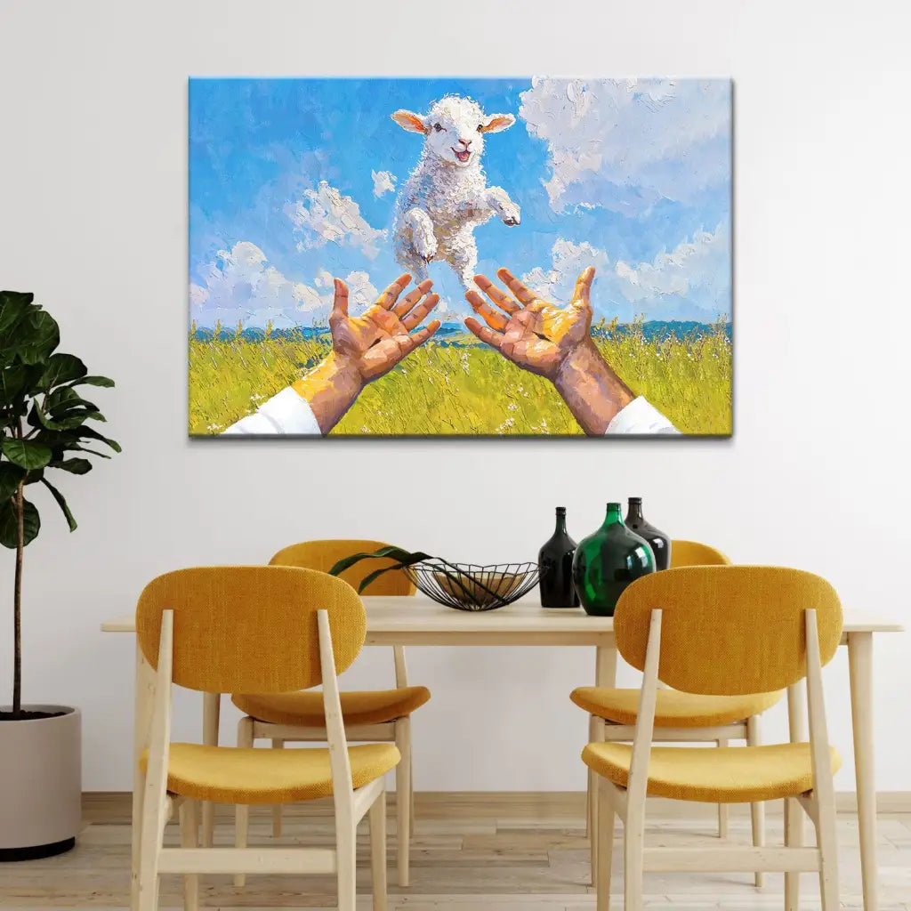 A Lamb Jumps Into Jesus’ Arms Christian Wall Art Canvas
