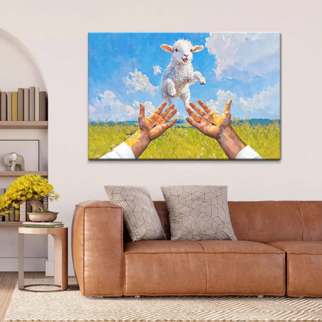 Christian wall art canvas featuring a lamb jumping into Jesus' arms, symbolizing trust and love, perfect for faith-based gifts.
