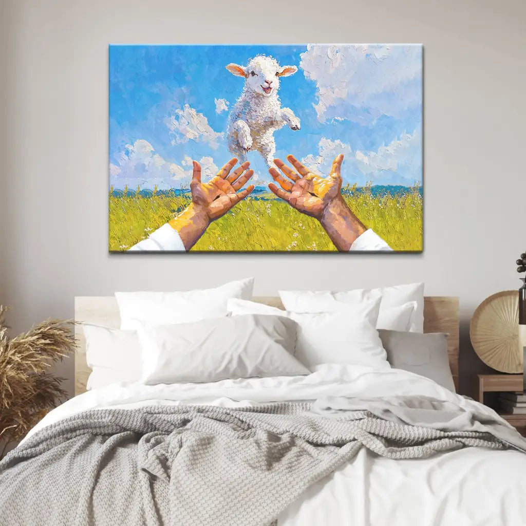 Faith artwork with Jesus and a lamb, representing divine protection and love, ideal for Christian-themed gifts.