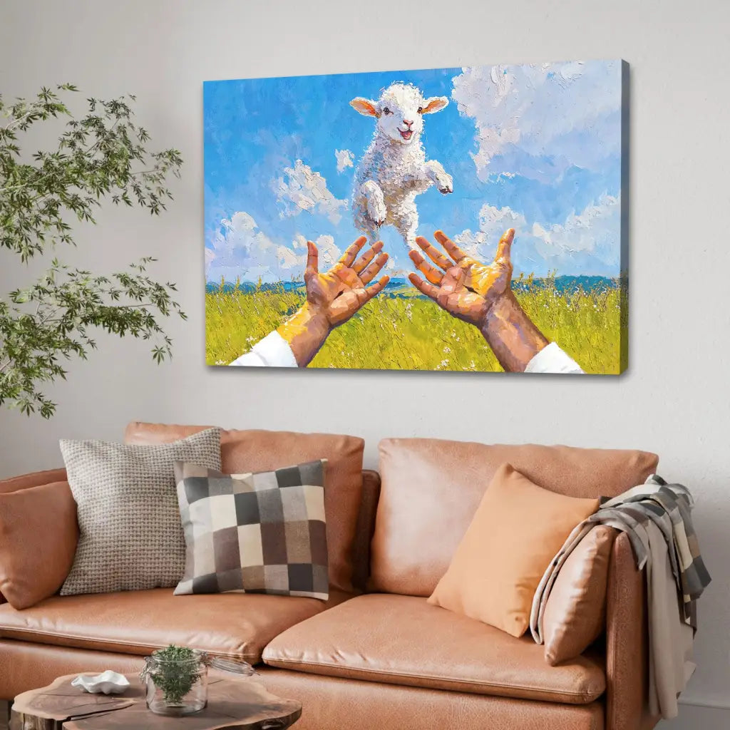 Uplifting Christian artwork depicting a lamb in Jesus' arms, ideal for inspirational wall decor and religious gifts.