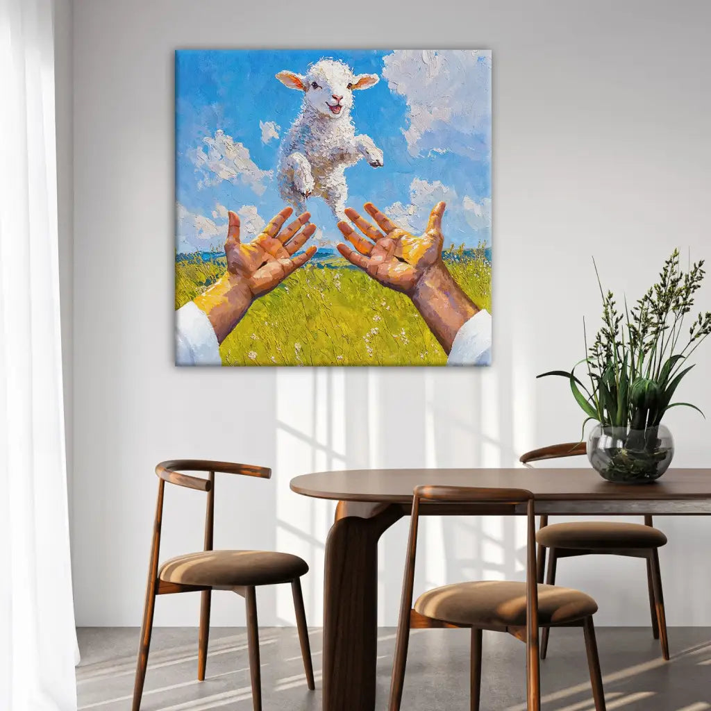 Square Christian wall art canvas with a lamb jumping into Jesus' arms, ideal for faith-based decor and gifts.