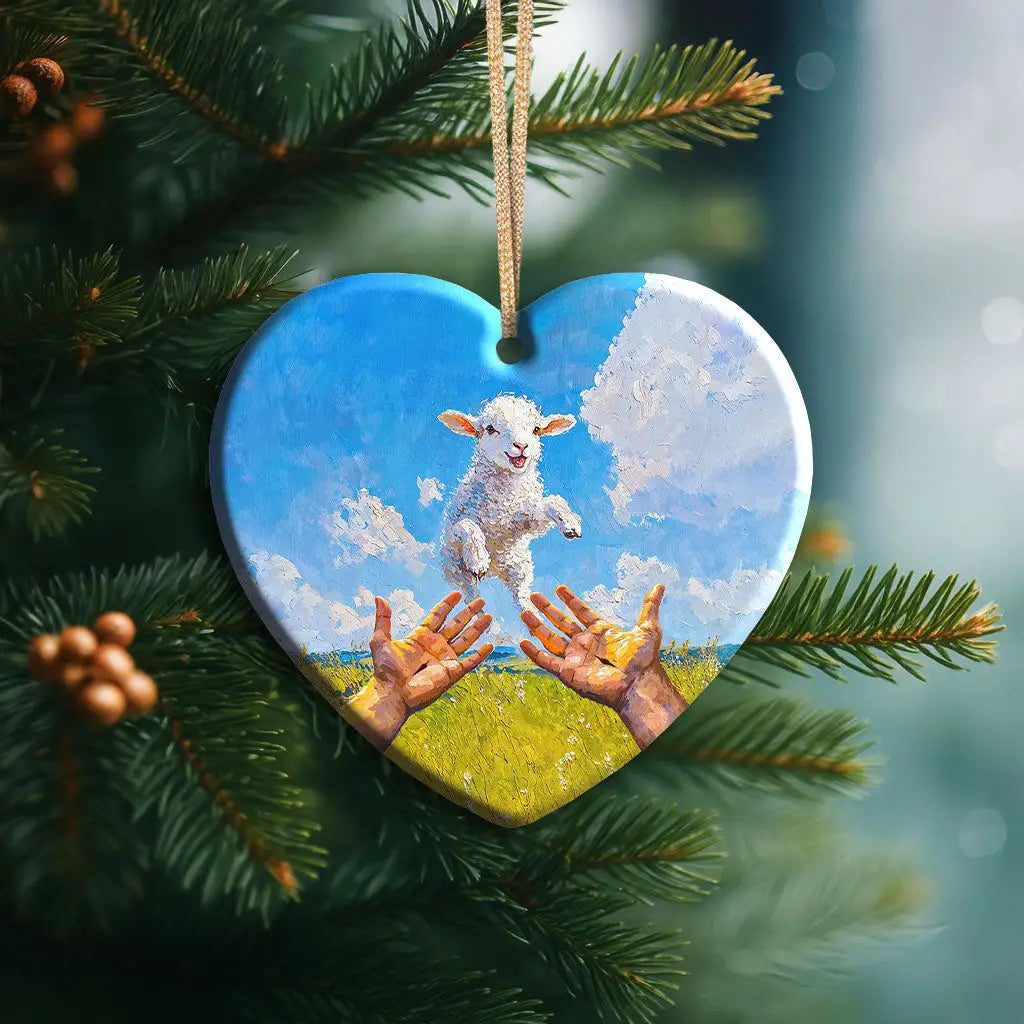 A Lamb Jumps Into Jesus’ Arms Ornament Heart / 1-pack