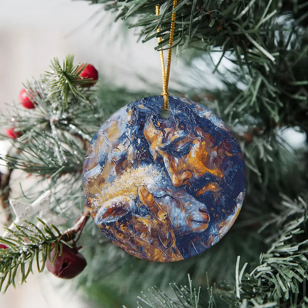 Inspirational ornament depicting Jesus and the lost lamb in abstract art, ideal Christian gift.