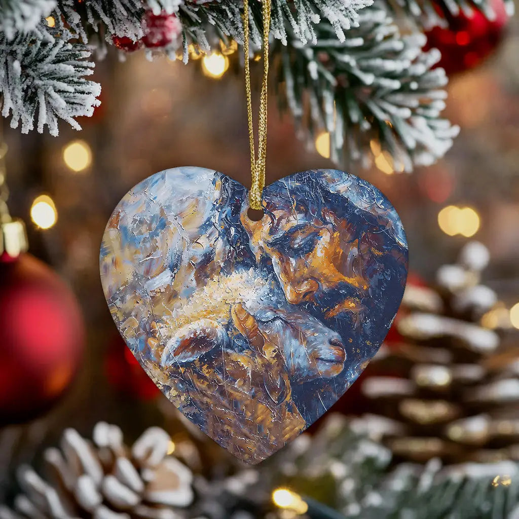 Christian ornament with an abstract painting of Jesus and a lamb, symbolizing love and redemption.