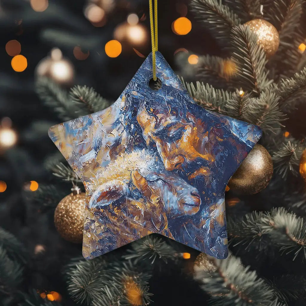 Christian Christmas ornament featuring Jesus and the lost sheep in abstract painting style.