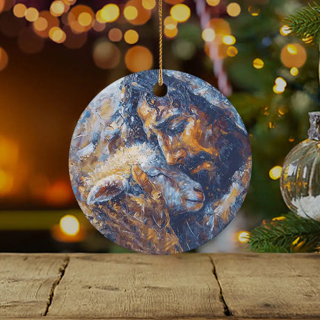 Christian Christmas ornament featuring an abstract painting of Jesus and a lost lamb, symbolizing faith / Circle.