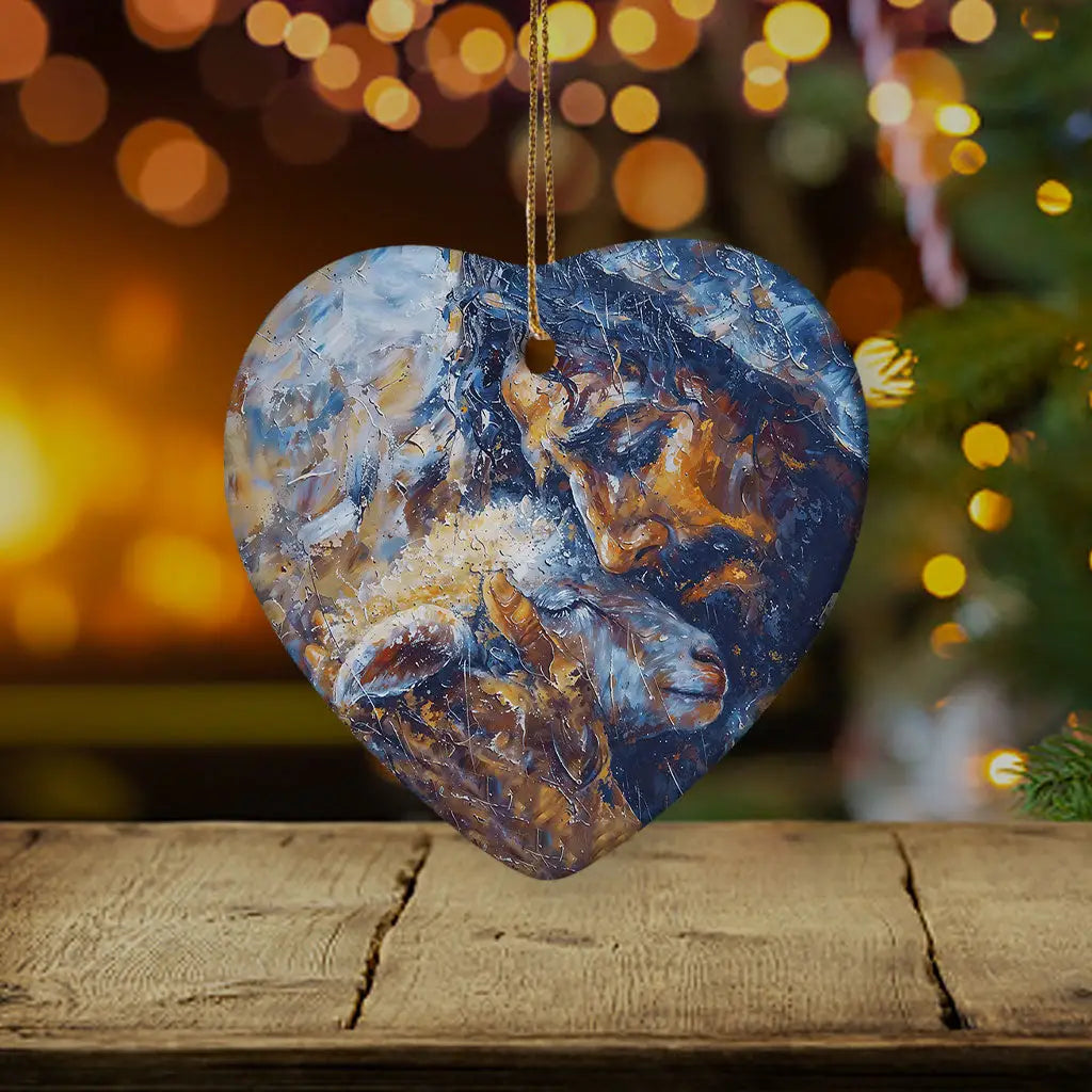 Inspirational ornament depicting Jesus and the lost lamb in abstract art, ideal Christian gift / Heart.