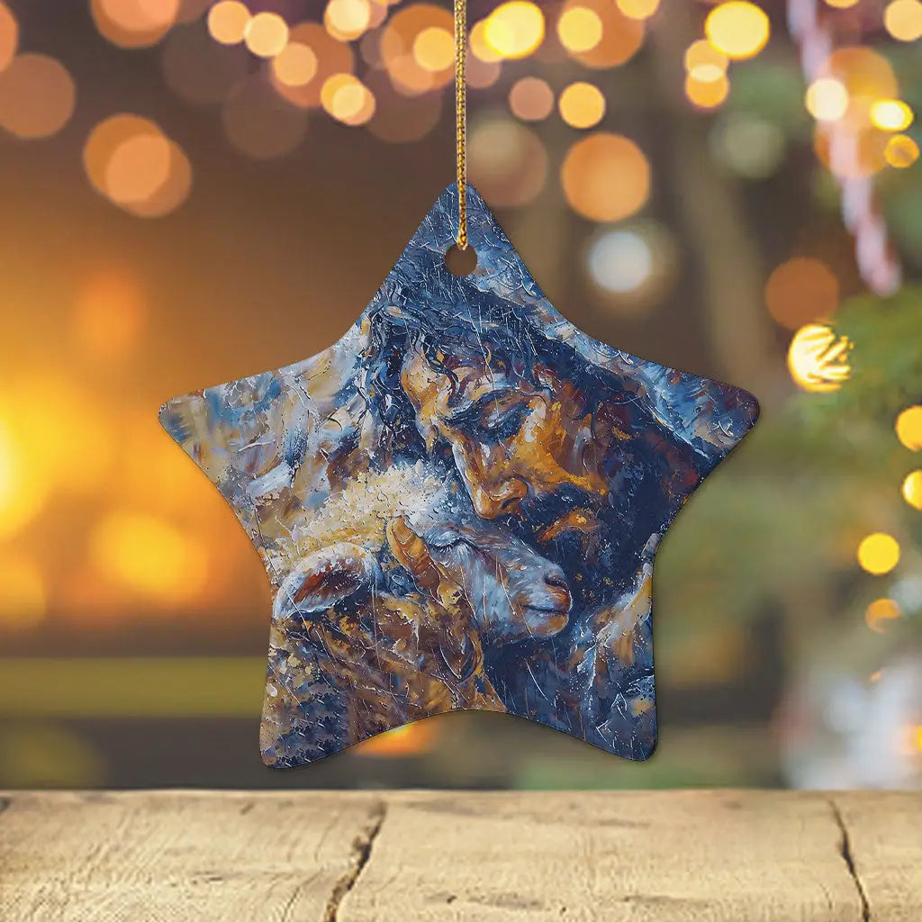 Inspirational Christmas ornament with Jesus and the lost sheep in abstract art, a perfect Christian gift.