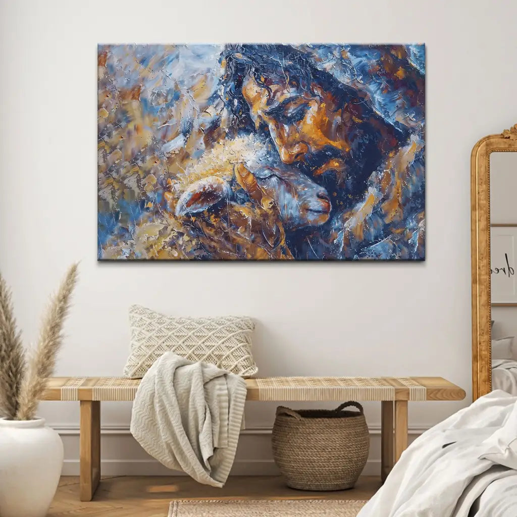 Faith-based wall art showing Jesus holding a lost lamb in an abstract style, great religious decor for Christian homes.