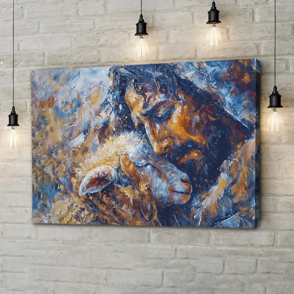 Jesus Artwork, with an abstract depiction of Jesus holding a lost lamb, ideal Christian wall art for homes.