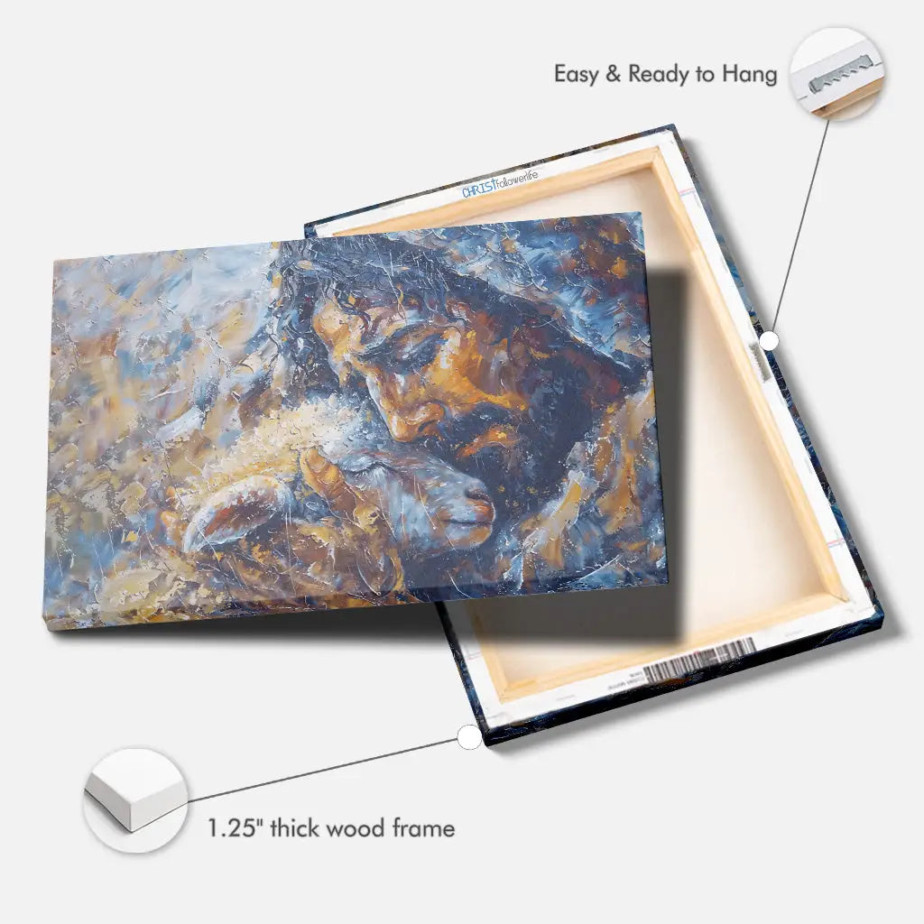 Religious wall art canvas with an abstract painting of Jesus holding a lost lamb, perfect for faith-filled home decor.