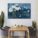 Inspirational Christian decor with daisies and butterflies, highlighting the message "Accept what is, let go of what was."
