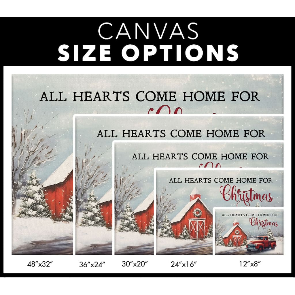 Festive wall art canvas featuring &quot;All Hearts Come Home for Christmas,&quot; red barn and car with Christmas tree, perfect holiday decor.