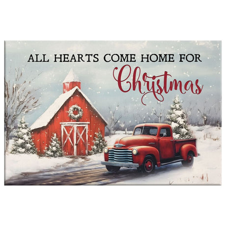 Holiday wall art displaying "All Hearts Come Home for Christmas" with a red barn, car, and Christmas tree, great seasonal decor.
