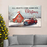 Christmas wall art featuring "All Hearts Come Home for Christmas" with a red barn, car, and Christmas tree, perfect holiday decor.