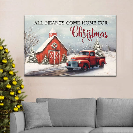 Christmas wall art featuring "All Hearts Come Home for Christmas" with a red barn, car, and Christmas tree, perfect holiday decor.