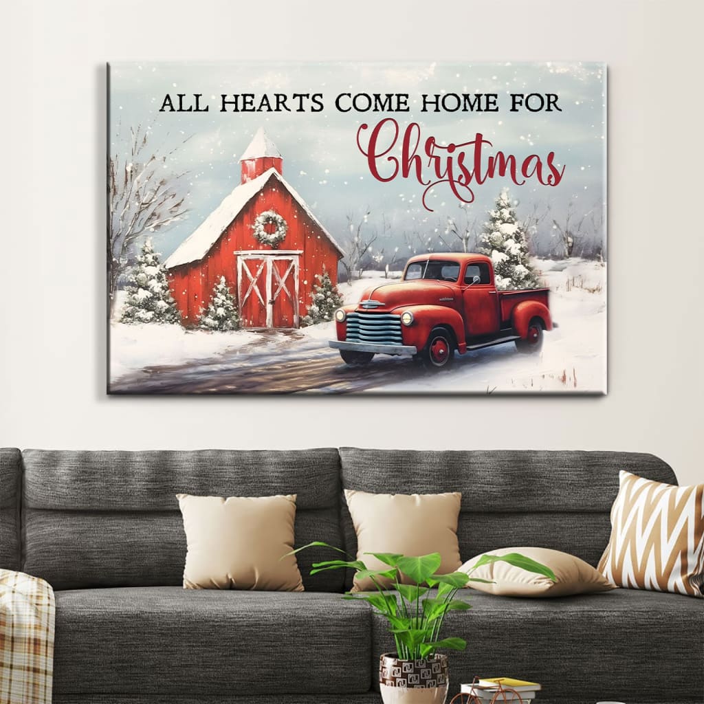 Inspirational Christmas canvas print with &quot;All Hearts Come Home for Christmas,&quot; red barn, car, and Christmas tree, ideal for festive homes.
