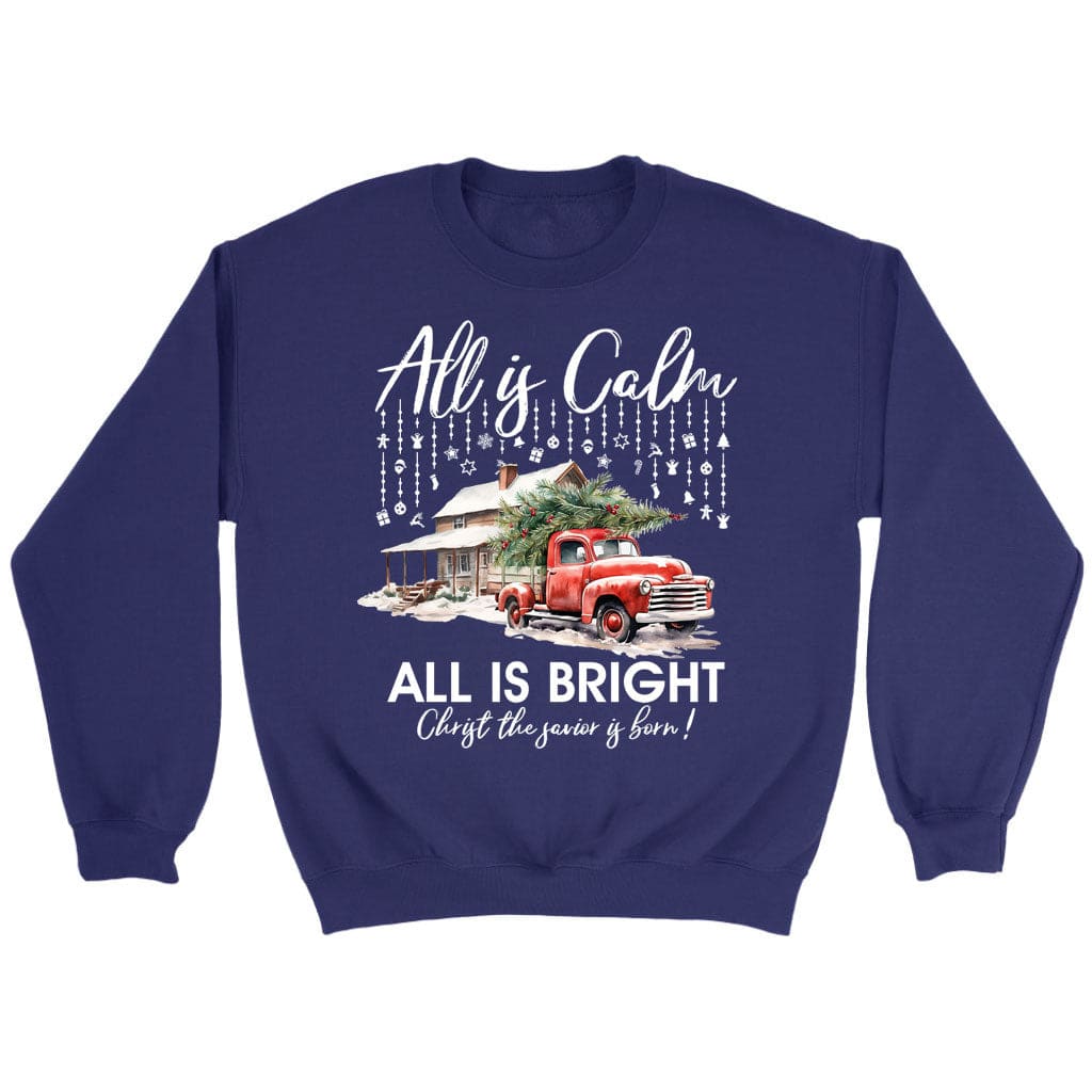 All is calm all is bright Christian Christmas sweatshirt Purple / S