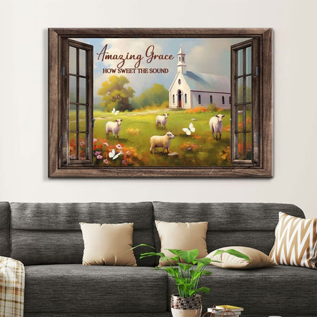Christian wall art with "Amazing Grace" hymn, depicting sheep and a church scene within a rustic window frame.