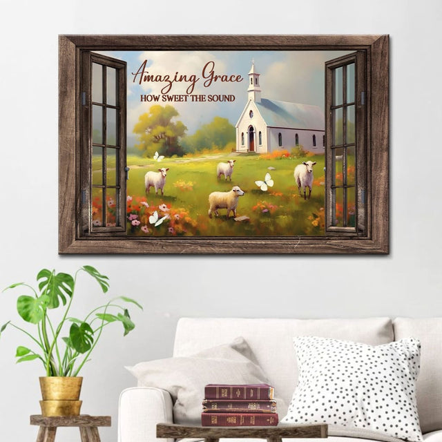 "Amazing Grace How Sweet the Sound" wall art canvas featuring sheep and church in a field, framed as a window.