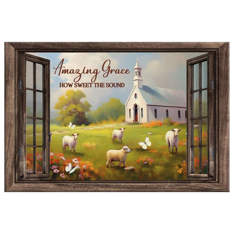 "Amazing Grace How Sweet the Sound" wall art with sheep, church in a field, and window frame design.