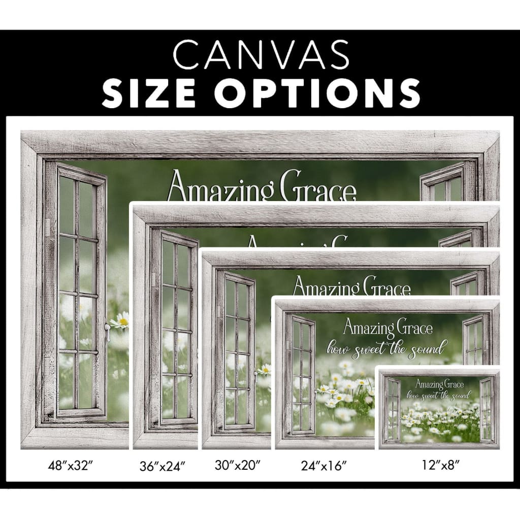 "Amazing Grace" canvas print with daisy white flowers and rustic wooden window frame, ideal for faith-inspired home decor / canvas size options.