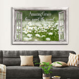 Christian wall art featuring "Amazing Grace" hymn with daisy white flowers and wooden window frame design.