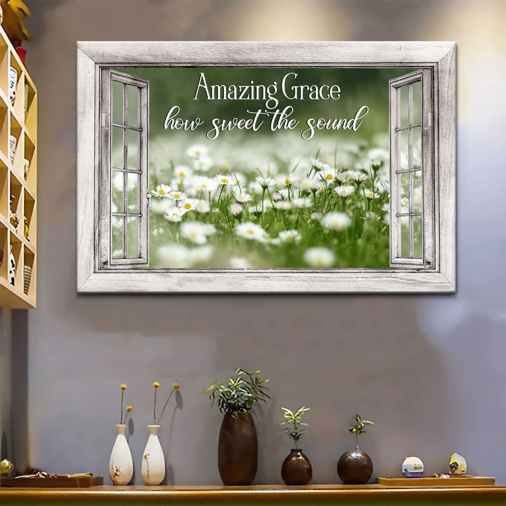 "Amazing Grace How Sweet The Sound" canvas with daisy white flowers in a rustic wooden window frame, perfect for Christian wall art.