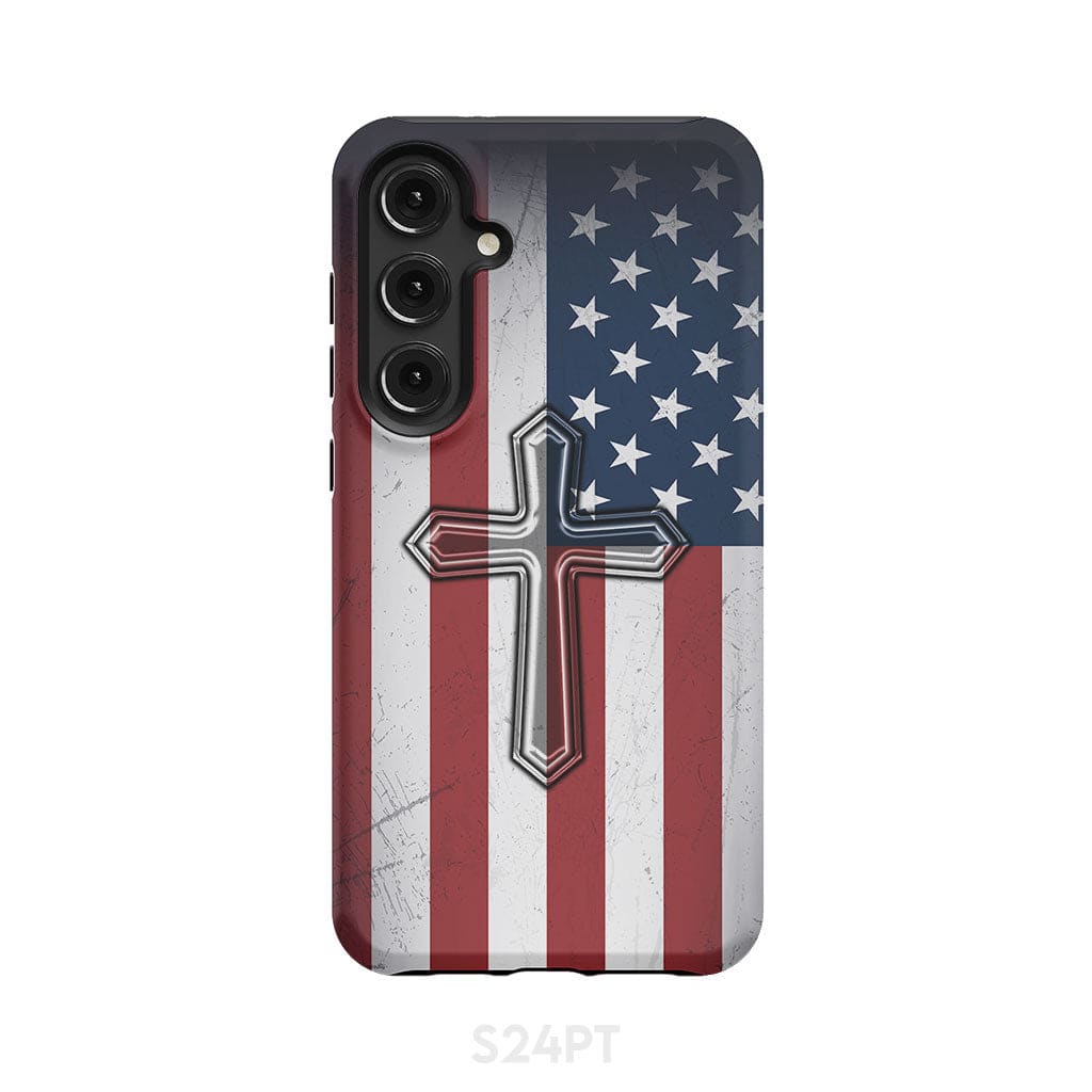 American Flag Cross Phone Case Samsung Galaxy S24 Plus / Tough
