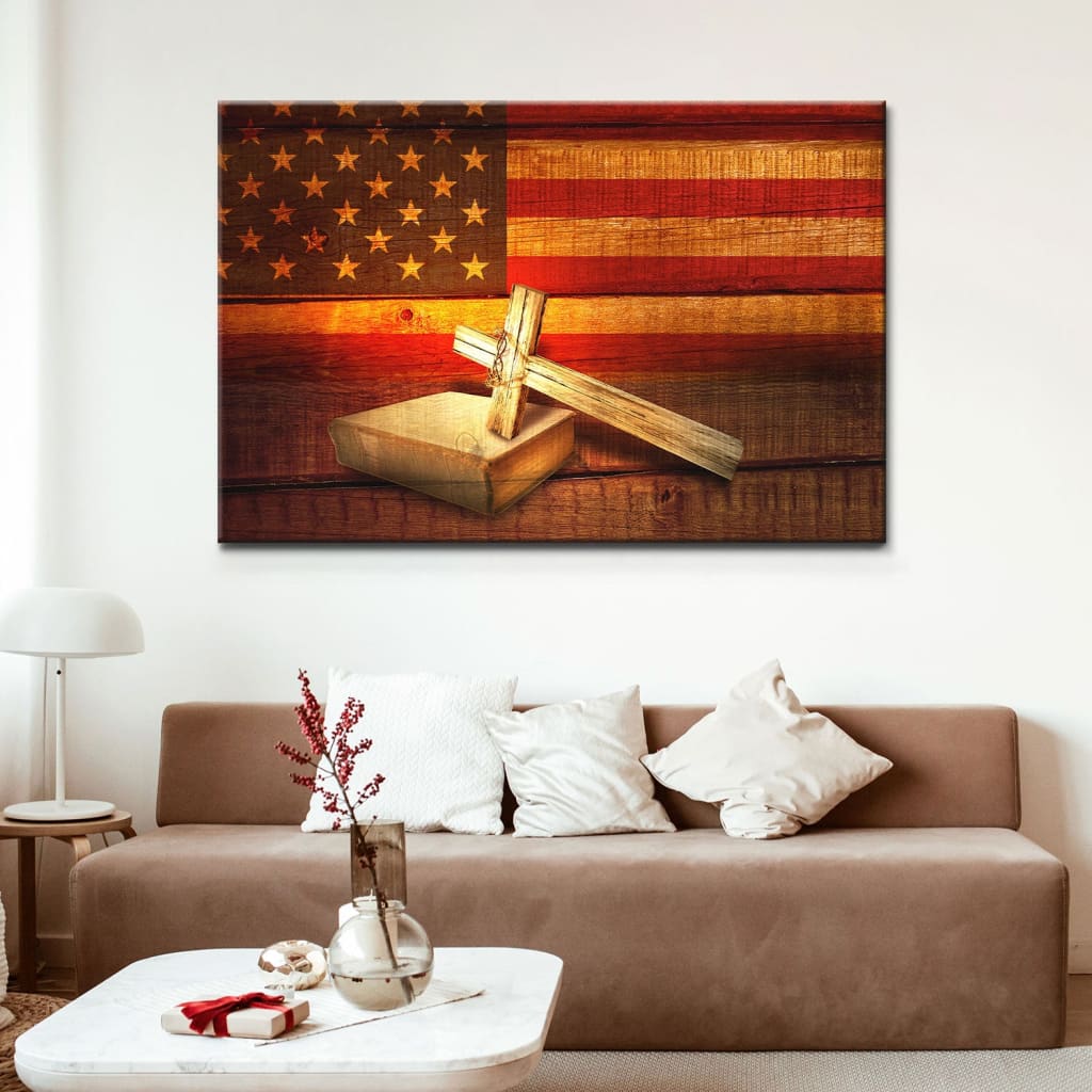 Christian wall art canvas featuring an American flag cross and Holy Bible, perfect for patriotic Christian gifts.