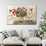 Christian Christmas wall art, "As For Me And My House," with festive greenery, pinecones, and red cardinals.