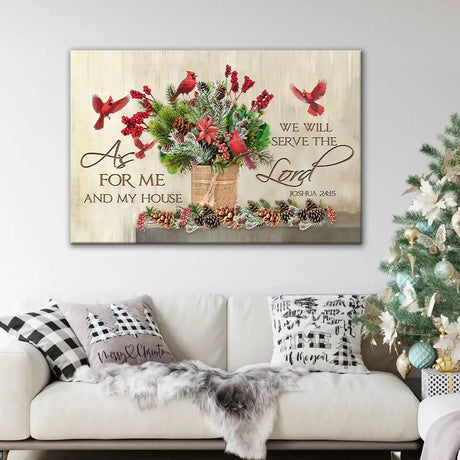 Christian Christmas wall art, "As For Me And My House," with festive greenery, pinecones, and red cardinals.