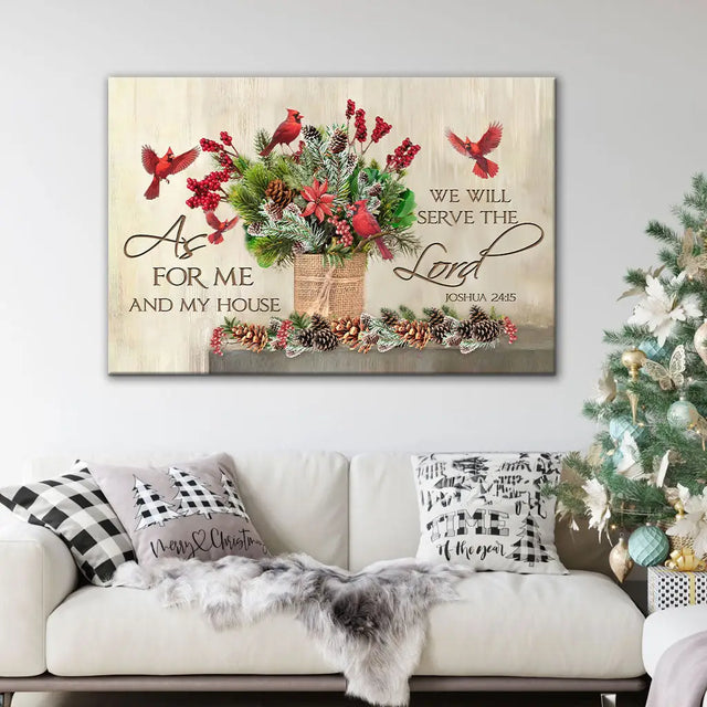 Christian Christmas wall art, "As For Me And My House," with festive greenery, pinecones, and red cardinals.