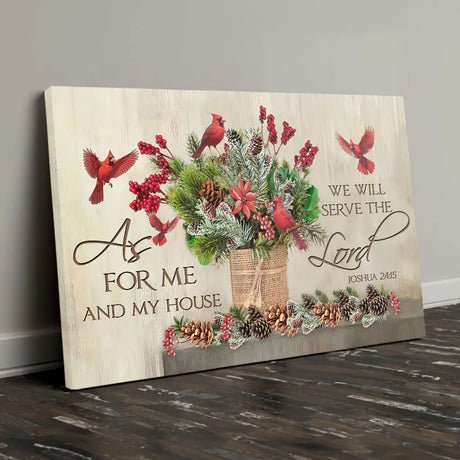 "As For Me And My House" Christmas wall art featuring winter greenery, pinecones, and cardinals, perfect Christian gift.