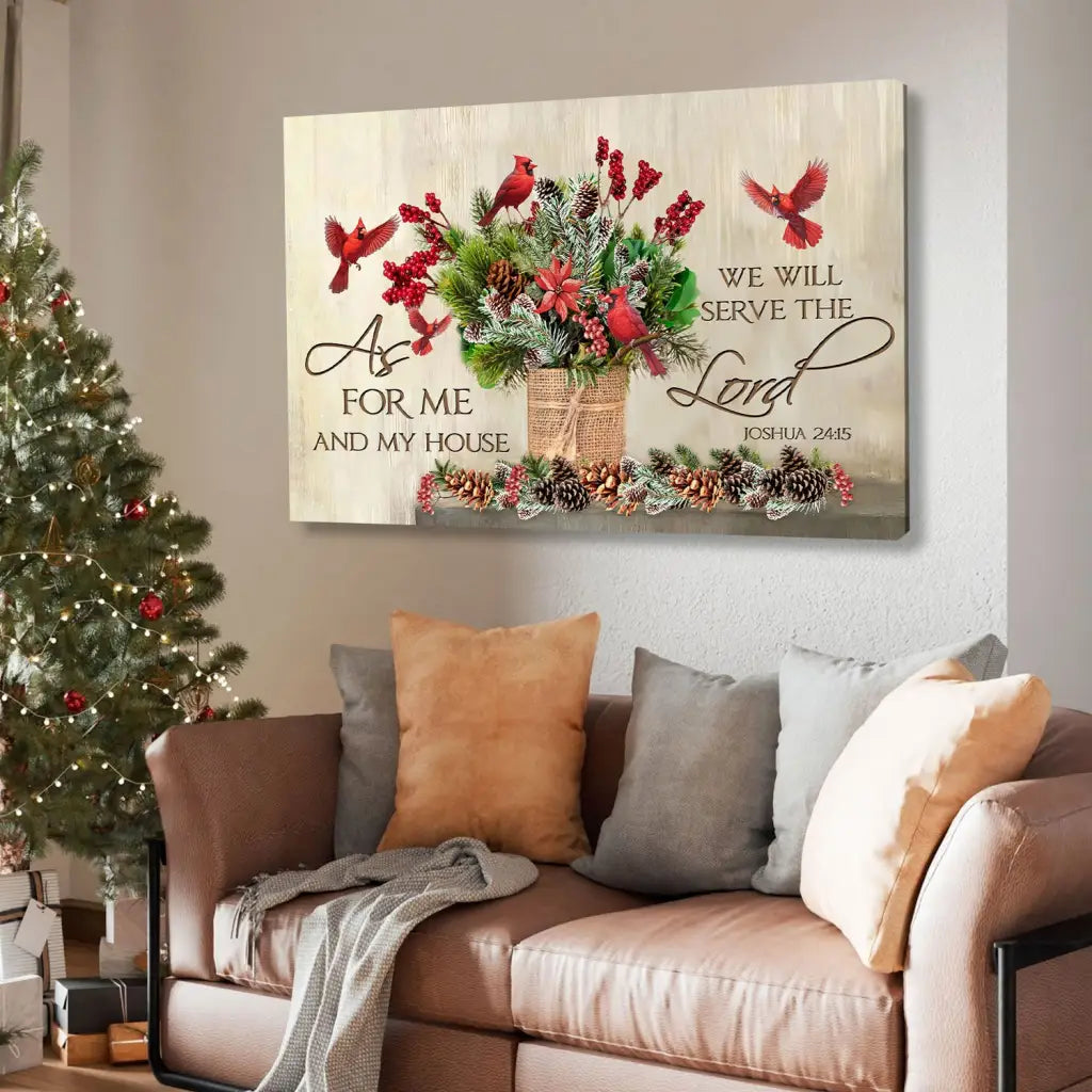 Christmas wall art, "As For Me And My House," decorated with pinecones, greenery, and cardinals for Christian homes.
