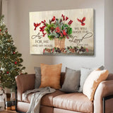 Christmas wall art, "As For Me And My House," decorated with pinecones, greenery, and cardinals for Christian homes.
