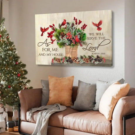 Christmas wall art, "As For Me And My House," decorated with pinecones, greenery, and cardinals for Christian homes.