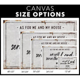 Christian wall art canvas featuring "As For Me and My House" with custom family name and established year, ideal for home decor / canvas size options.