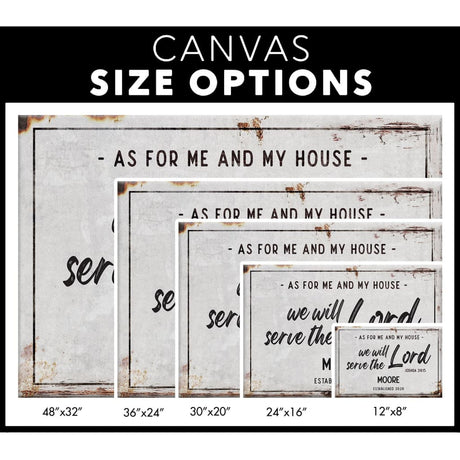 Christian wall art canvas featuring "As For Me and My House" with custom family name and established year, ideal for home decor / canvas size options.