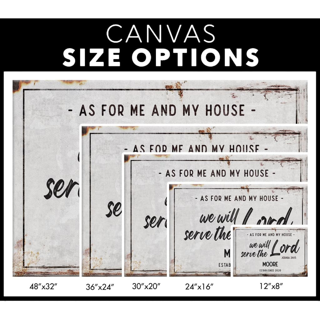 Christian wall art canvas featuring &quot;As For Me and My House&quot; with custom family name and established year, ideal for home decor / canvas size options.