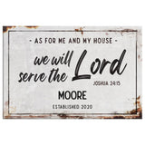 "As For Me and My House" personalized canvas with custom family name and established year, perfect Christian gift.