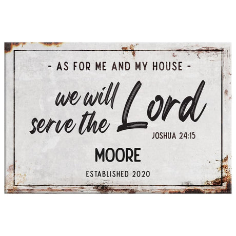 "As For Me and My House" personalized canvas with custom family name and established year, perfect Christian gift.