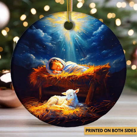 Baby Jesus With A Lamb Baby Jesus In The Manger Ornament