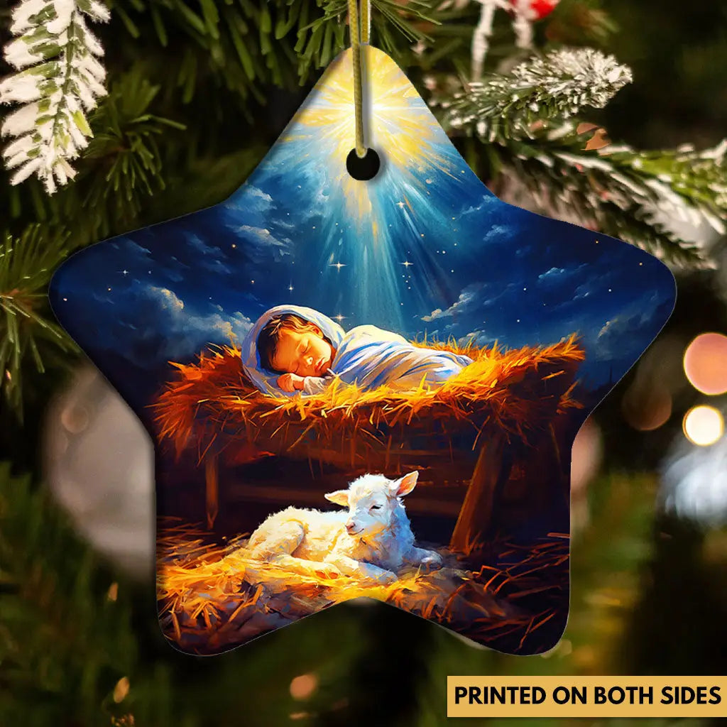 Baby Jesus With A Lamb Baby Jesus In The Manger Ornament