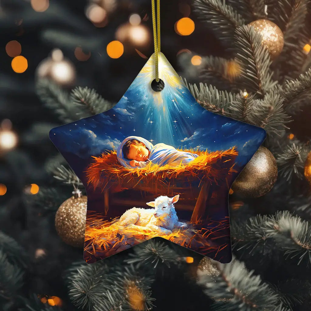 Faith-based ornament of baby Jesus with a lamb, perfect for Christian gifts and holiday decor.