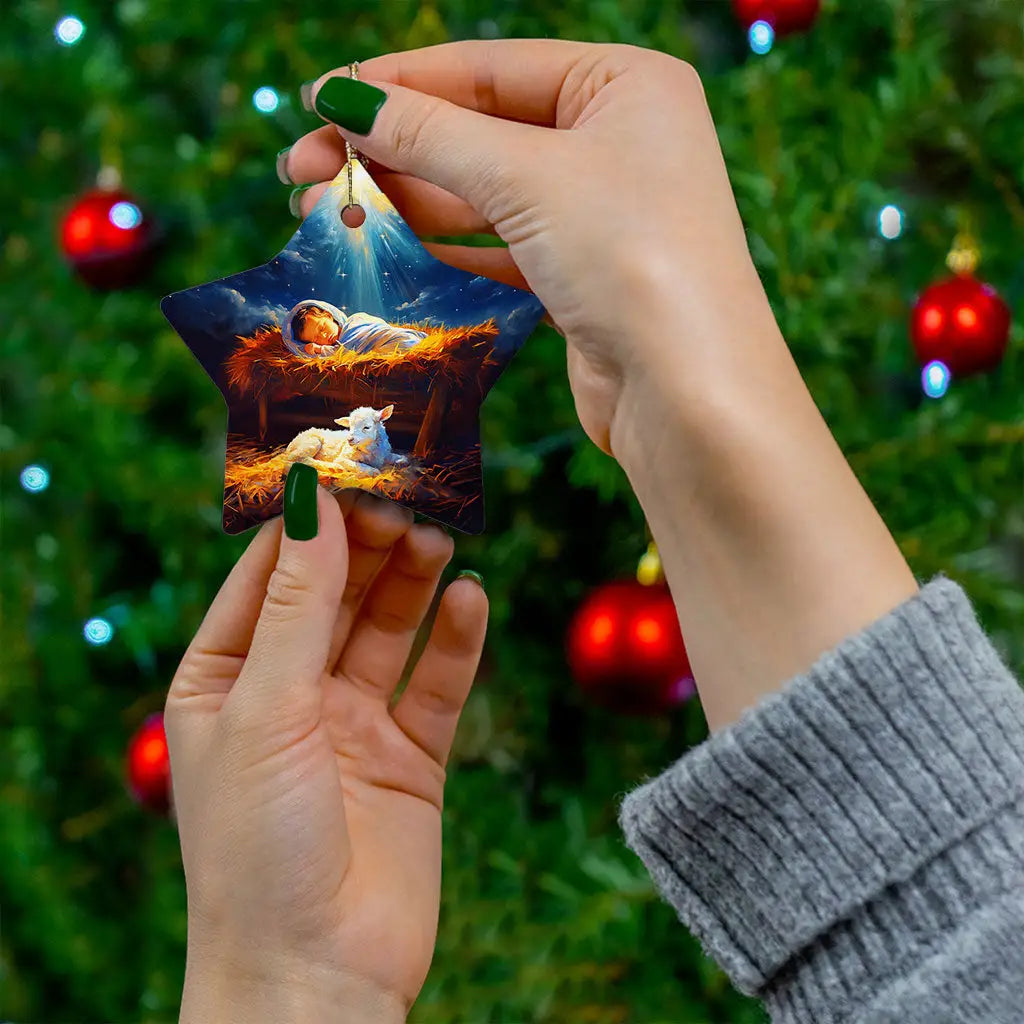 Inspirational Christmas ornament with baby Jesus and a lamb, celebrating the true meaning of Christmas.