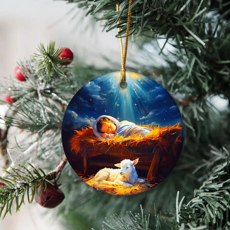 Faith-based Christmas ornament with baby Jesus and a lamb, a heartwarming Christian gift.