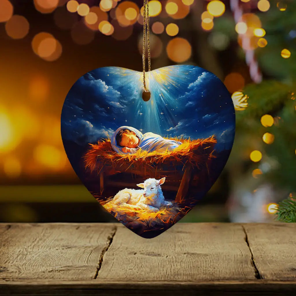 Baby Jesus in the manger ornament, a meaningful Christian decoration for Christmas celebrations / Heart.