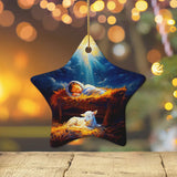 Christian Christmas ornament featuring baby Jesus in the manger with a lamb, ideal for scripture lovers / Star.